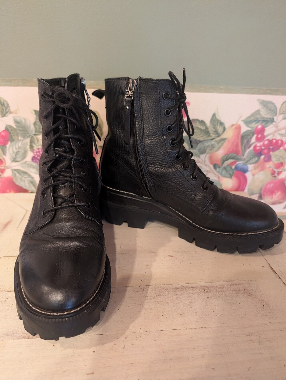 Sam Edelman Garret Black Leather Combat Platform Lace-Up Boots Women's Sz 7 🖤